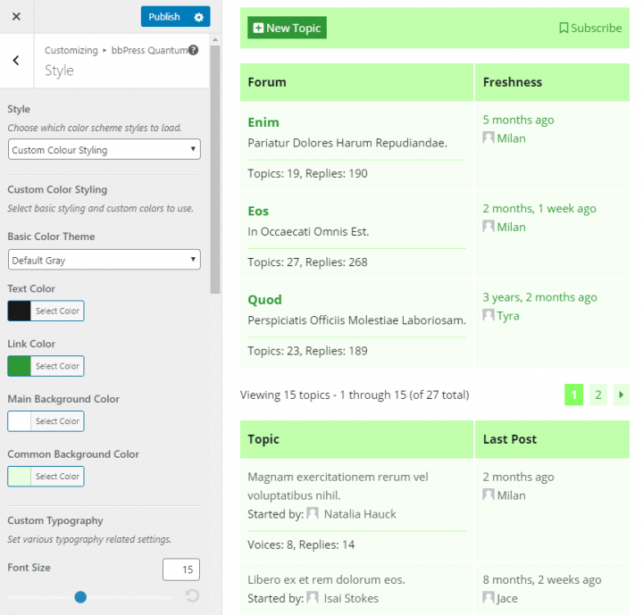 bbPress using Quantum plugin with customizer options detail