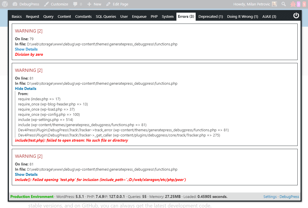 debugpress features errors