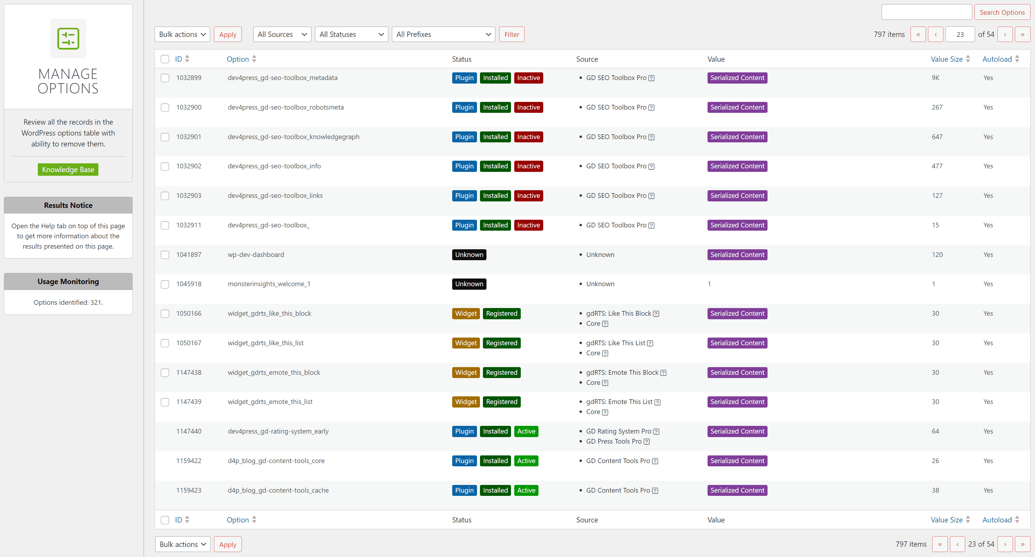 Detail from the SweepPress Options Management panel