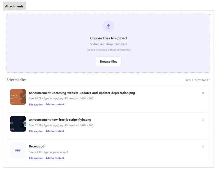 New attachments upload interface showing a drag-and-drop area and a list of selected files with thumbnails and metadata