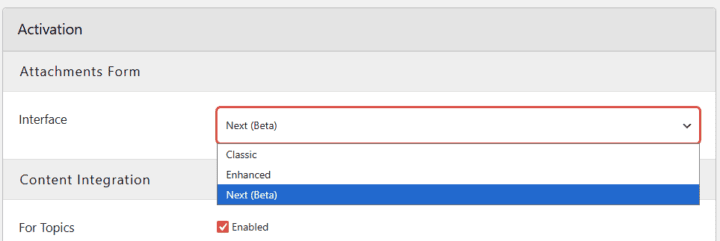 Interface dropdown menu with Next (Beta) selected